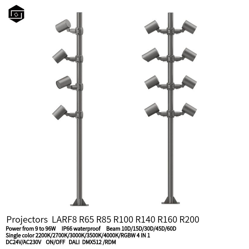 Illumination lighting fixtures Pole outdoor spotlight power from 9W to 96W Single color 2200K/2700K/3000K/3500K/4000K/5000K/RGBW 4 IN I full color narrow beam and wide beam angle DMX512 DALI driver 